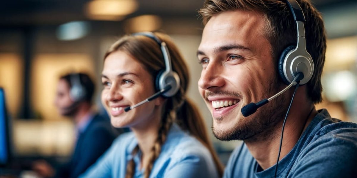 call center worker having fun with his team Smiling customer support employee working to provide customer information over the phone